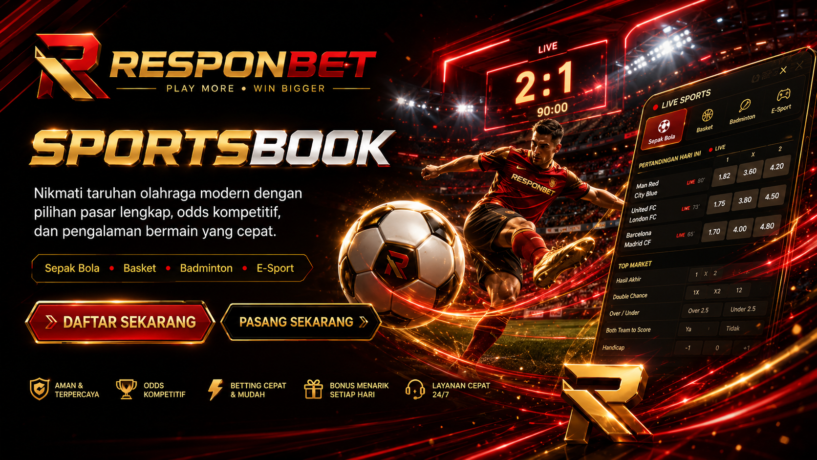 Banner Sportsbook Responbet dengan tema pertandingan olahraga
